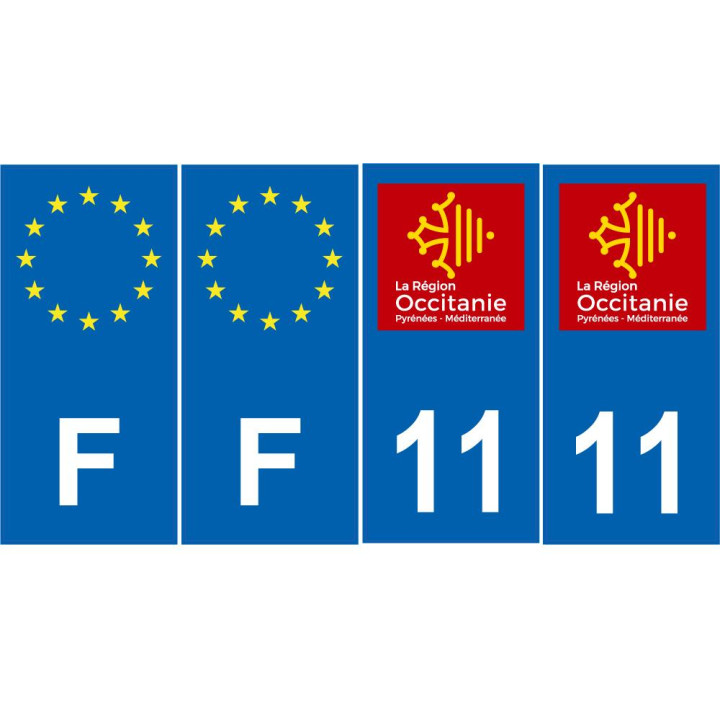 Lot de 4 autocollants bleu 11 AUDE Occitanie - F Europe nouvelles régions immatriculation auto sticker