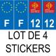 Lot de 4 autocollants bleu 12 AVEYRON Occitanie - F Europe nouvelles régions immatriculation auto sticker