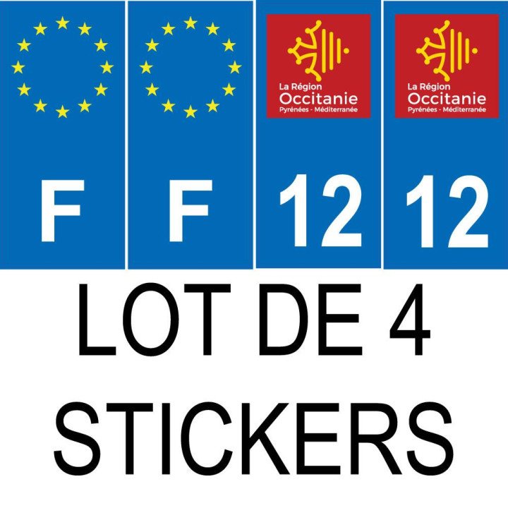 Lot de 4 autocollants bleu 12 AVEYRON Occitanie - F Europe nouvelles régions immatriculation auto sticker