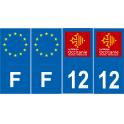 Lot de 4 autocollants bleu 12 AVEYRON Occitanie - F Europe nouvelles régions immatriculation auto sticker