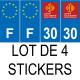 Lot de 4 autocollants bleu 30 GARD Occitanie - F Europe nouvelles régions immatriculation auto sticker