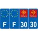 Lot de 4 autocollants bleu 30 GARD Occitanie - F Europe nouvelles régions immatriculation auto sticker