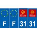 Lot de 4 autocollants bleu 31 HAUTE-GARONNE Occitanie - F Europe nouvelles régions immatriculation auto sticker