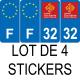 Lot de 4 autocollants bleu 32 GERS Occitanie - F Europe nouvelles régions immatriculation auto sticker