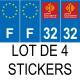 Lot de 4 autocollants bleu 32 GERS Occitanie - F Europe nouvelles régions immatriculation auto sticker