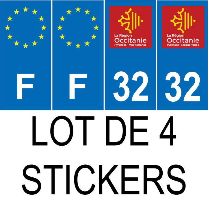 Lot de 4 autocollants bleu 32 GERS Occitanie - F Europe nouvelles régions immatriculation auto sticker