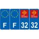 Lot de 4 autocollants bleu 32 GERS Occitanie - F Europe nouvelles régions immatriculation auto sticker