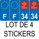 Lot de 4 autocollants bleu 34 HERAULT Occitanie - F Europe nouvelles régions immatriculation auto sticker