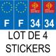Lot de 4 autocollants bleu 34 HERAULT Occitanie - F Europe nouvelles régions immatriculation auto sticker