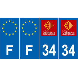 Lot de 4 autocollants bleu 34 HERAULT Occitanie - F Europe nouvelles régions immatriculation auto sticker