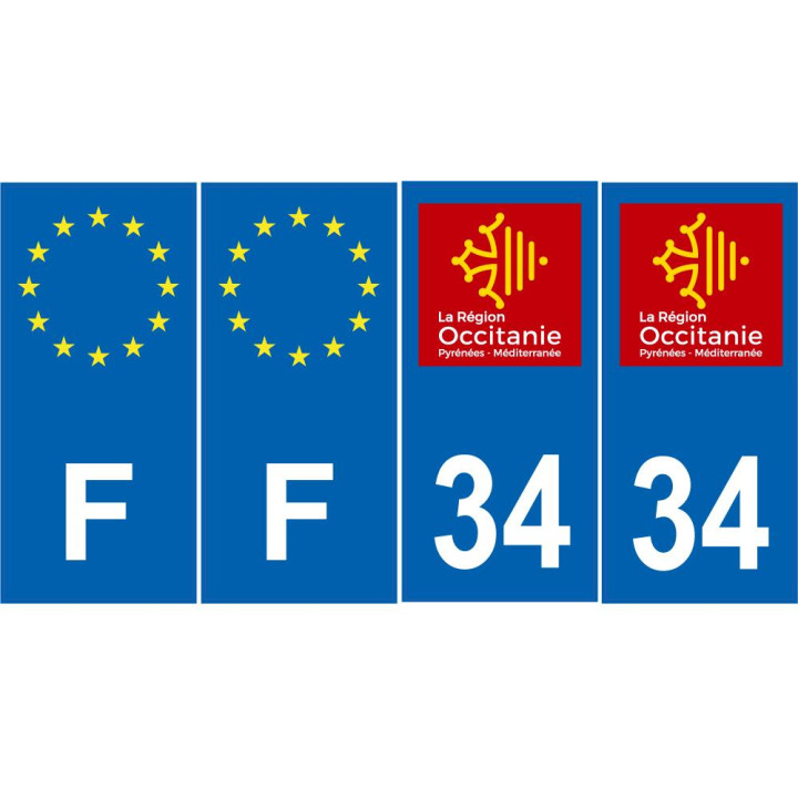 Lot de 4 autocollants bleu 34 HERAULT Occitanie - F Europe nouvelles régions immatriculation auto sticker