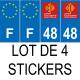 Lot de 4 autocollants bleu 48 LOZERE Occitanie - F Europe nouvelles régions immatriculation auto sticker