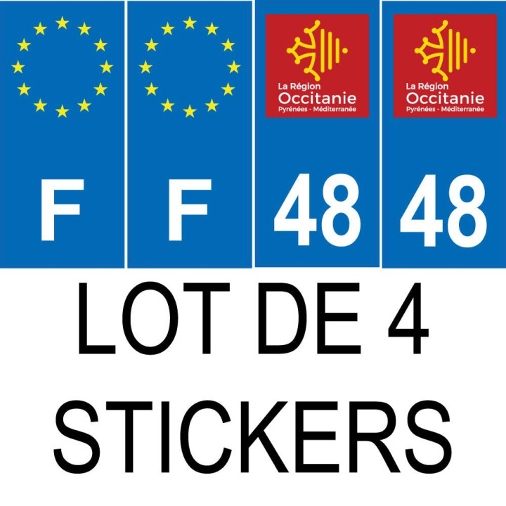 Lot de 4 autocollants bleu 48 LOZERE Occitanie - F Europe nouvelles régions immatriculation auto sticker
