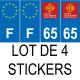Lot de 4 autocollants bleu 65 HAUTES-PYRENEES Occitanie - F Europe nouvelles régions immatriculation auto sticker