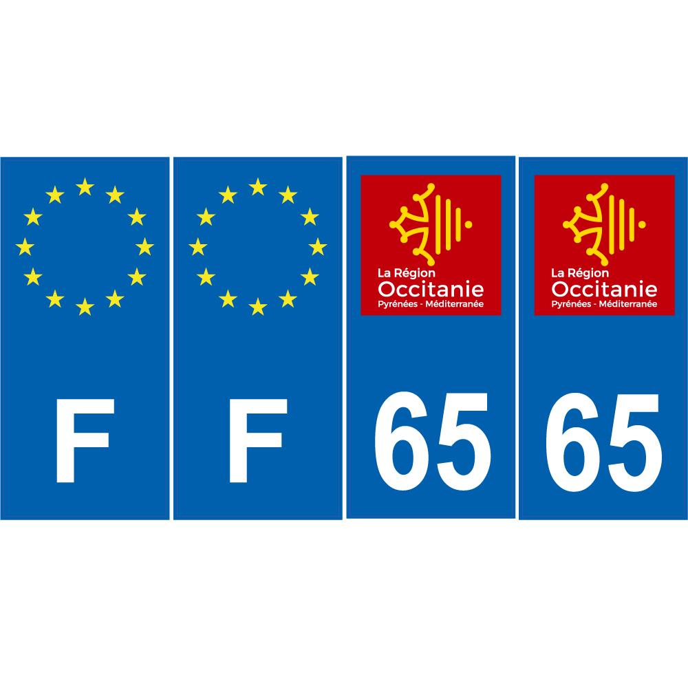 Lot de 4 autocollants bleu 65 HAUTES-PYRENEES Occitanie - F Europe nouvelles régions immatriculation auto sticker
