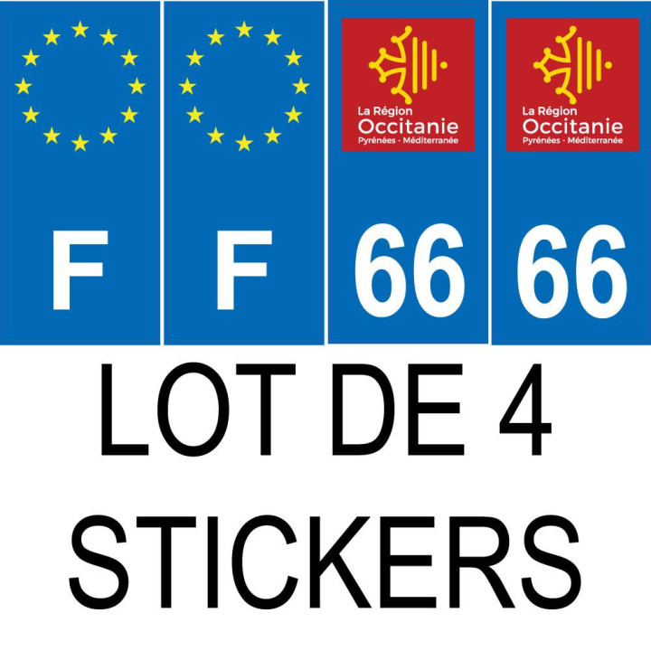 Lot de 4 autocollants bleu 66 PYRENEES ORIENTALES Occitanie - F Europe nouvelles régions immatriculation auto sticker