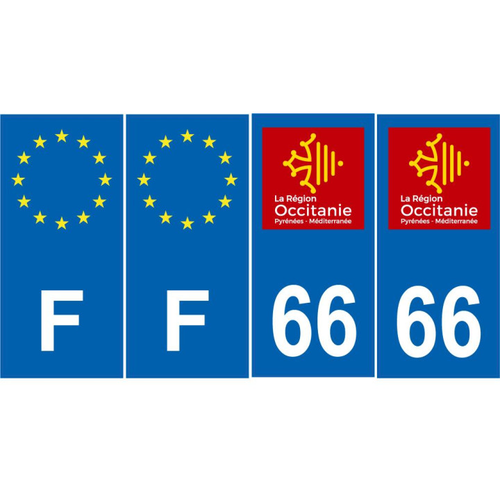 Lot de 4 autocollants bleu 66 PYRENEES ORIENTALES Occitanie - F Europe nouvelles régions immatriculation auto sticker