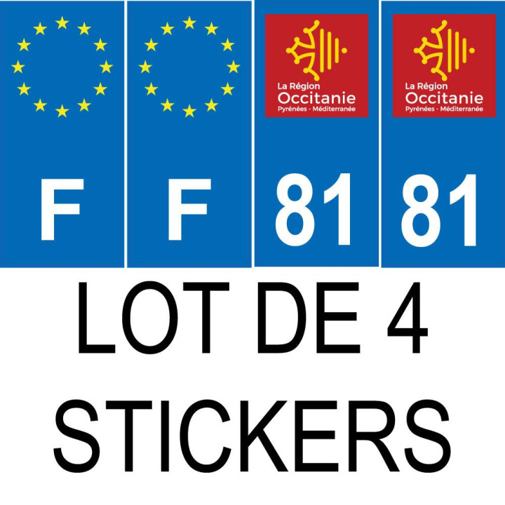 Lot de 4 autocollants bleu 81 TARN Occitanie - F Europe nouvelles régions immatriculation auto sticker