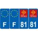 Lot de 4 autocollants bleu 81 TARN Occitanie - F Europe nouvelles régions immatriculation auto sticker