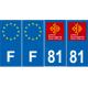Lot de 4 autocollants bleu 81 TARN Occitanie - F Europe nouvelles régions immatriculation auto sticker