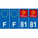 Lot de 4 autocollants bleu 81 TARN Occitanie - F Europe nouvelles régions immatriculation auto sticker