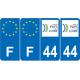 Lot de 4 autocollants bleu 44 LOIRET ATLANTIQUE Pays de la Loire - F Europe nouvelles régions immatriculation auto sticker