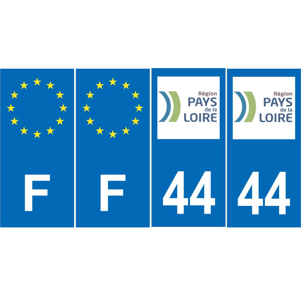 Lot de 4 autocollants bleu 44 LOIRET ATLANTIQUE Pays de la Loire - F Europe nouvelles régions immatriculation auto sticker