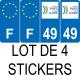 Lot de 4 autocollants bleu 49 MAINE ET LOIRE Pays de la Loire - F Europe nouvelles régions immatriculation auto sticker