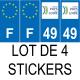 Lot de 4 autocollants bleu 49 MAINE ET LOIRE Pays de la Loire - F Europe nouvelles régions immatriculation auto sticker
