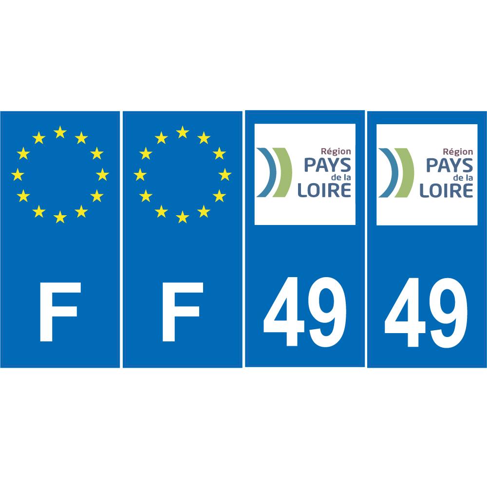 Lot de 4 autocollants bleu 49 MAINE ET LOIRE Pays de la Loire - F Europe nouvelles régions immatriculation auto sticker