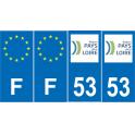 Lot de 4 autocollants bleu 53 MAYENNE Pays de la Loire - F Europe nouvelles régions immatriculation auto sticker