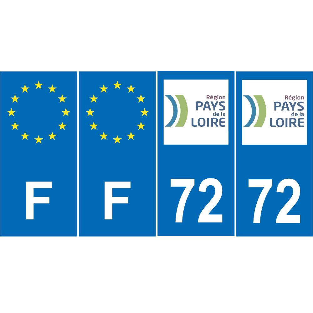 Lot de 4 autocollants bleu 72 SARTHES Pays de la Loire - F Europe nouvelles régions immatriculation auto sticker