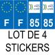 Lot de 4 autocollants bleu 85 VENDEE Pays de la Loire - F Europe nouvelles régions immatriculation auto sticker