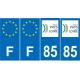 Lot de 4 autocollants bleu 85 VENDEE Pays de la Loire - F Europe nouvelles régions immatriculation auto sticker