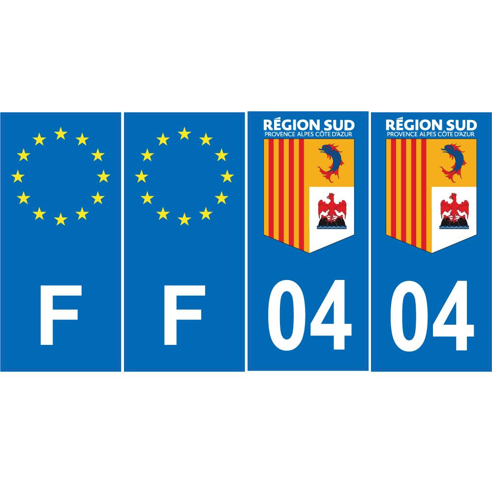 Lot de 4 autocollants bleu 04 ALPES DE HAUTES PROVENCE Provence-Alpes-Côtes-d'Azur - F Europe nouvelles régions immat sticker