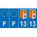 Lot de 4 autocollants bleu 13 BOUCHES-DU-RHONE Provence-Alpes-Côtes-d'Azur - F Europe nouvelles régions immatriculation sticker