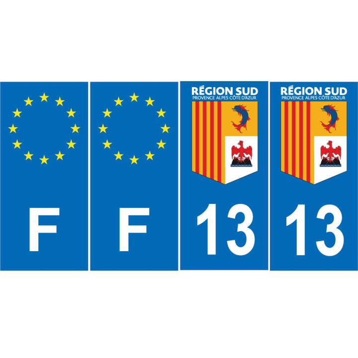 Lot de 4 autocollants bleu 13 BOUCHES-DU-RHONE Provence-Alpes-Côtes-d'Azur - F Europe nouvelles régions immatriculation sticker