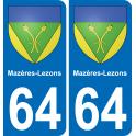 64 Mazères-Lezons escudo de armas de la etiqueta engomada de la placa de pegatinas de la ciudad