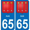 65 Asté sticker plate registration city