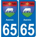 65 Azereix autocollant sticker plaque immatriculation auto ville