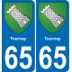 65 Tournay autocollant sticker plaque immatriculation auto ville
