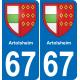 67 Artolsheim autocollant sticker plaque immatriculation auto ville