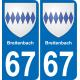 67 Breitenbach autocollant sticker plaque immatriculation auto ville