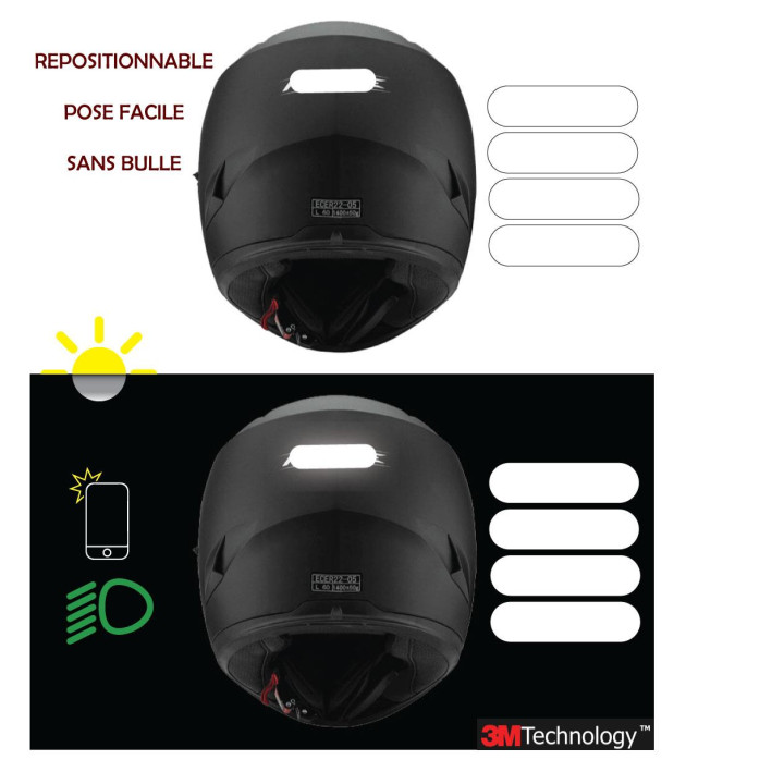 Lot de 4 Bande rétro-réfléchissante Rectangle arrondie Casque Moto 4 Bandes 3M Technology Autocollant Sticker