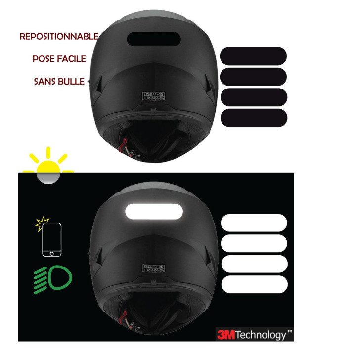Lot de 4 Bande rétro-réfléchissante Rectangle arrondie Casque Moto 4 Bandes 3M Technology Autocollant Sticker