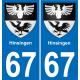 67 Hinsingen autocollant sticker plaque immatriculation auto ville