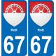 67 Rott autocollant sticker plaque immatriculation auto ville
