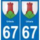 67 Urbeis autocollant sticker plaque immatriculation auto ville