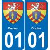 01 Oncieu autocollant sticker plaque immatriculation auto ville