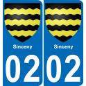 02 Sinceny autocollant sticker plaque immatriculation auto ville